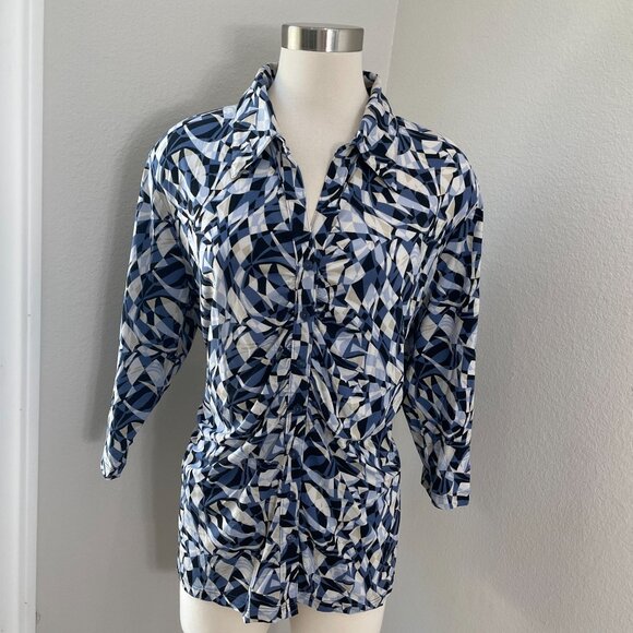 Lane Bryant Womens Plus 22/24 Button Up Shirt Geometric Blue White Ruched Blouse - Picture 1 of 8